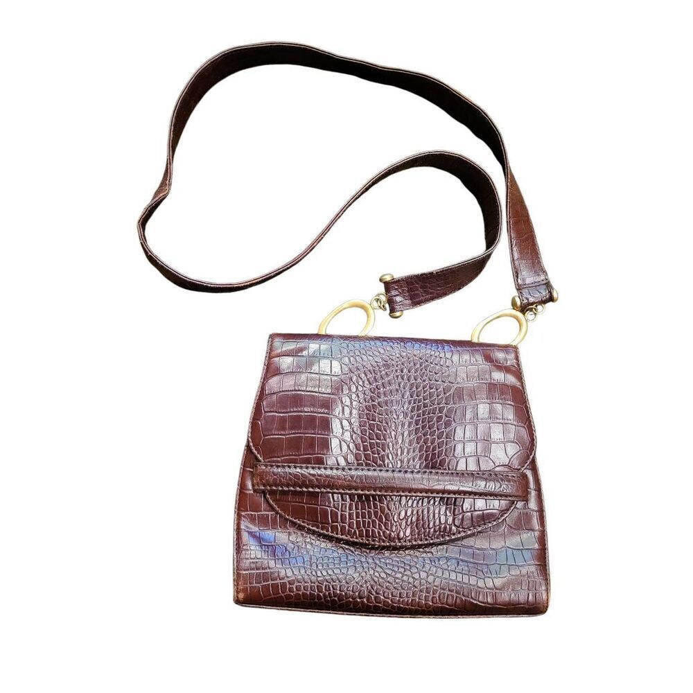 Vintage 1980s Anne Klein Purse Small Crossbody Faux Leather Crocodile Brown
